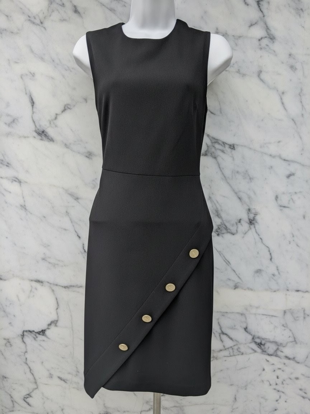 DKNY Black Sleeveless Midi Sheath Dress with Gold Button Detail